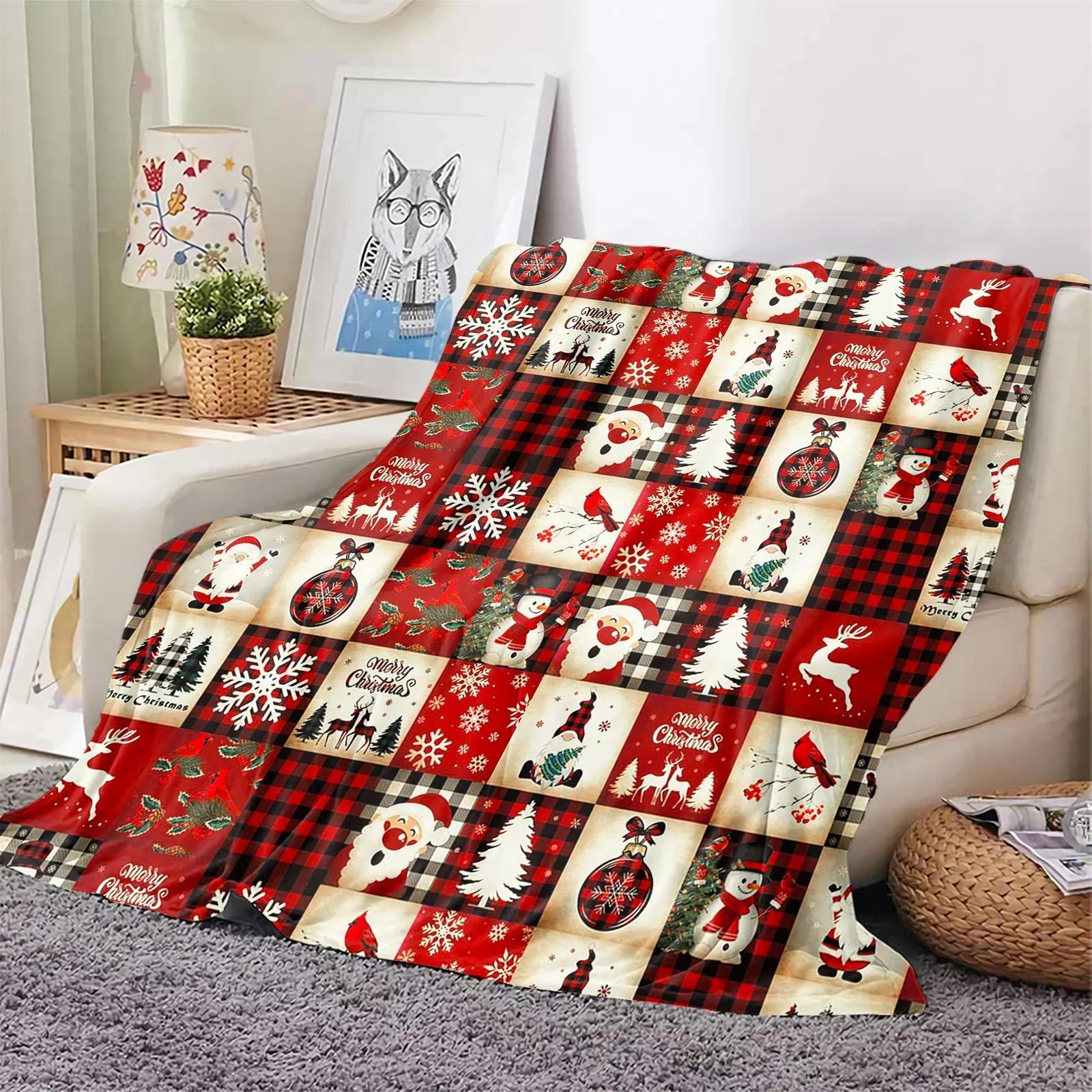 Cozy Christmas Throw Blanket with Cartoon Santa Snowman Red Plaid Print Soft Flannel Quilt Perfect for Holiday Gifts and Winter 75X95CM