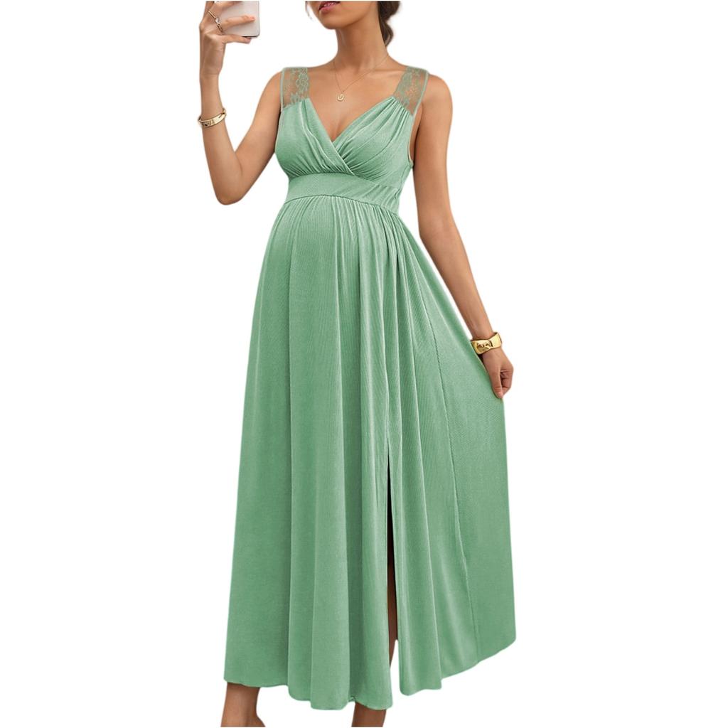 Women's Lace Shoulder Strap Pregnant Women's Long Dress Deep V Split Pregnant Women's Dress