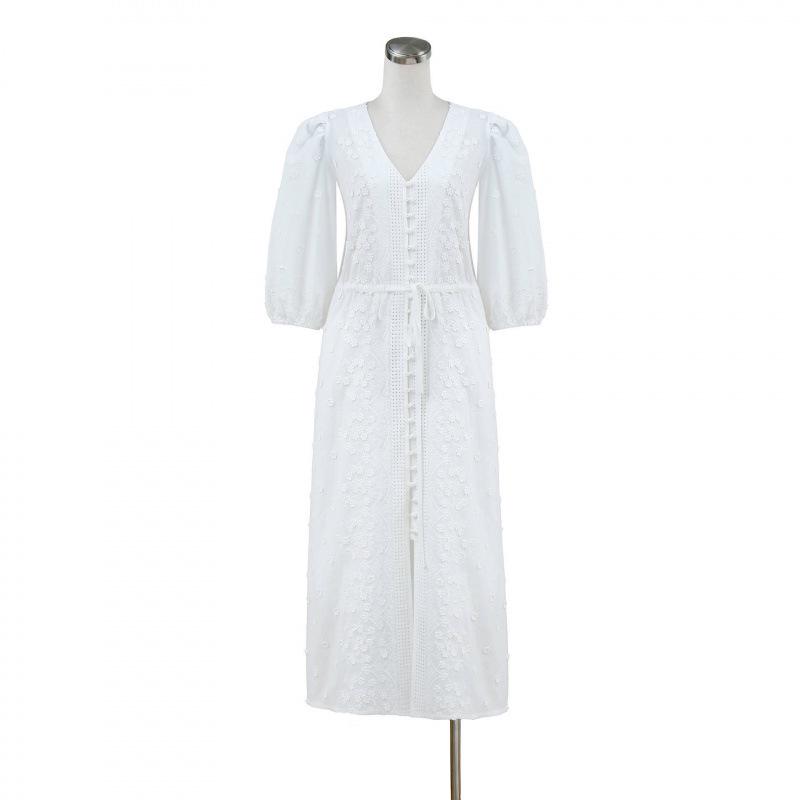 2025 New Summer Mid-Length White Fairy Dress with 3D Jacquard Embroidery F690