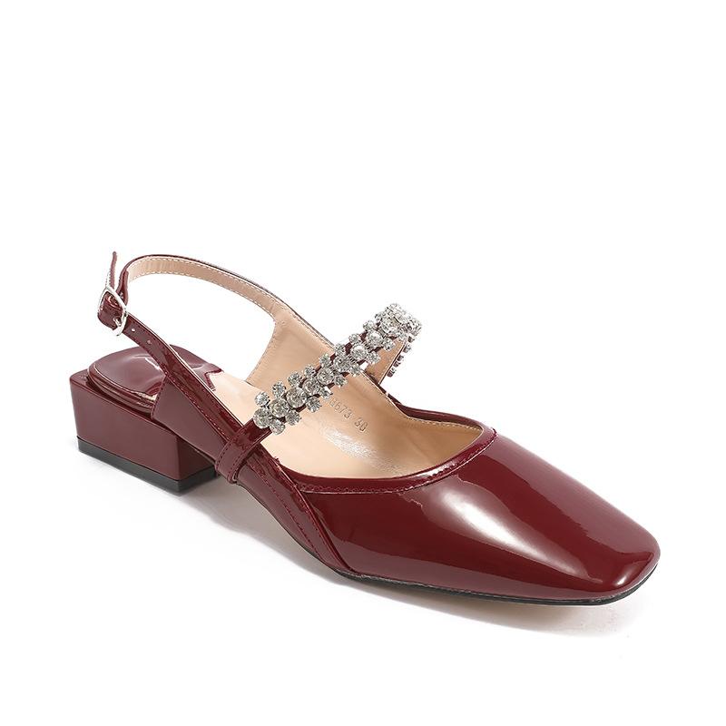 Qiangshengda 2025 square head microfiber leather rhinestone rear empty thick heel sandals women Mary Jane low heel comfortable