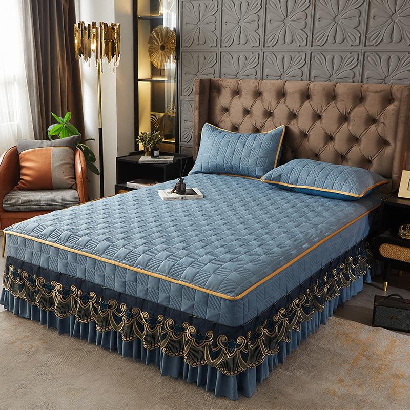 Tip de fustă de pat îngroșată pentru acasă Set de lenjerie de pat de lux Cuvertură de pat prințesă din dantelă Husă de pat anti-alunecare cu față de pernă pentru dimensiunea king-size
