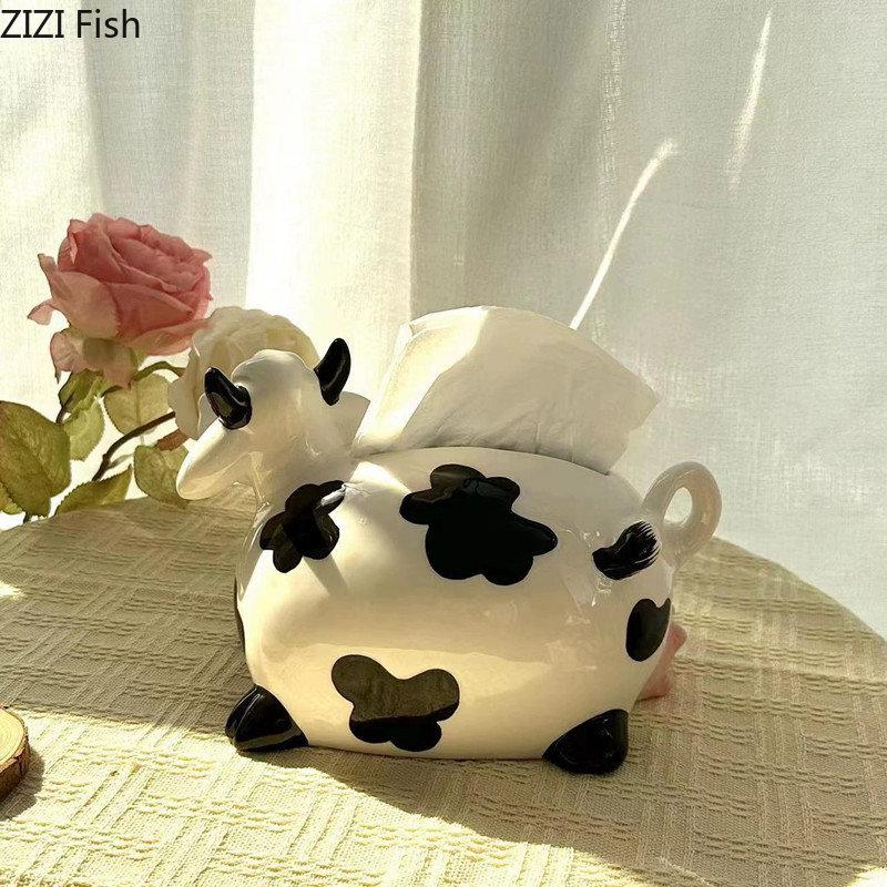 Niedliche Kuh-Taschentuchbox, Tierskulptur, Keramik-Taschentuchbox, Basteln, Wohnzimmer, Servietten-Aufbewahrungsbehälter, nordische Heimdekoration, Kunst