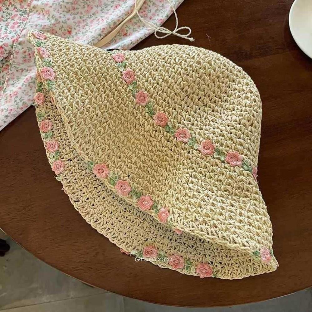 

Straw Woven Fisherman Hat Hollow Out Sunshade Cap New Straw Bucket Hat for Summer Beige-A