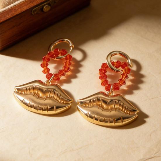 1 Pair Drop Earrings Red Faux Crystal Beaded Ring Three-Dimensional Metallic Lip Shape Leverback Earrings Jewelry Gift