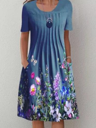 QICED Women's Fashion Summer Spring Solid Color Print Short Sleeve V-Neck Casual Dresses