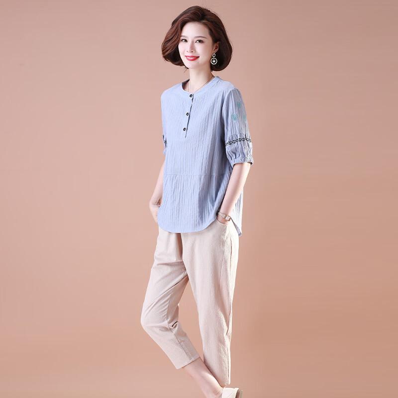 XUEXI Women s Embroidered Cotton Summer Two-Piece Set 4XL