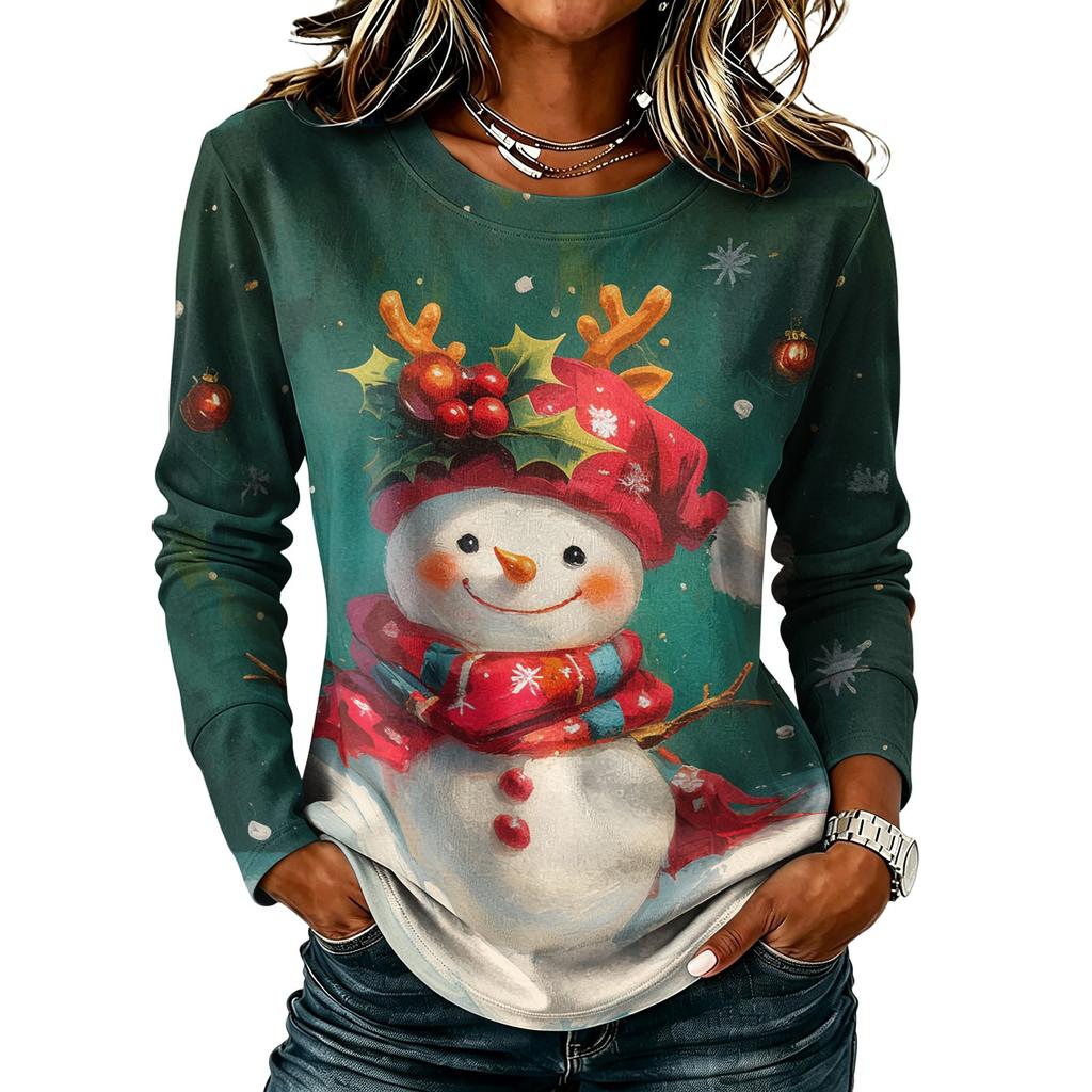 Women's Stylish Casual Christmas Print Long Sleeve Neck Top for Winter Holiday