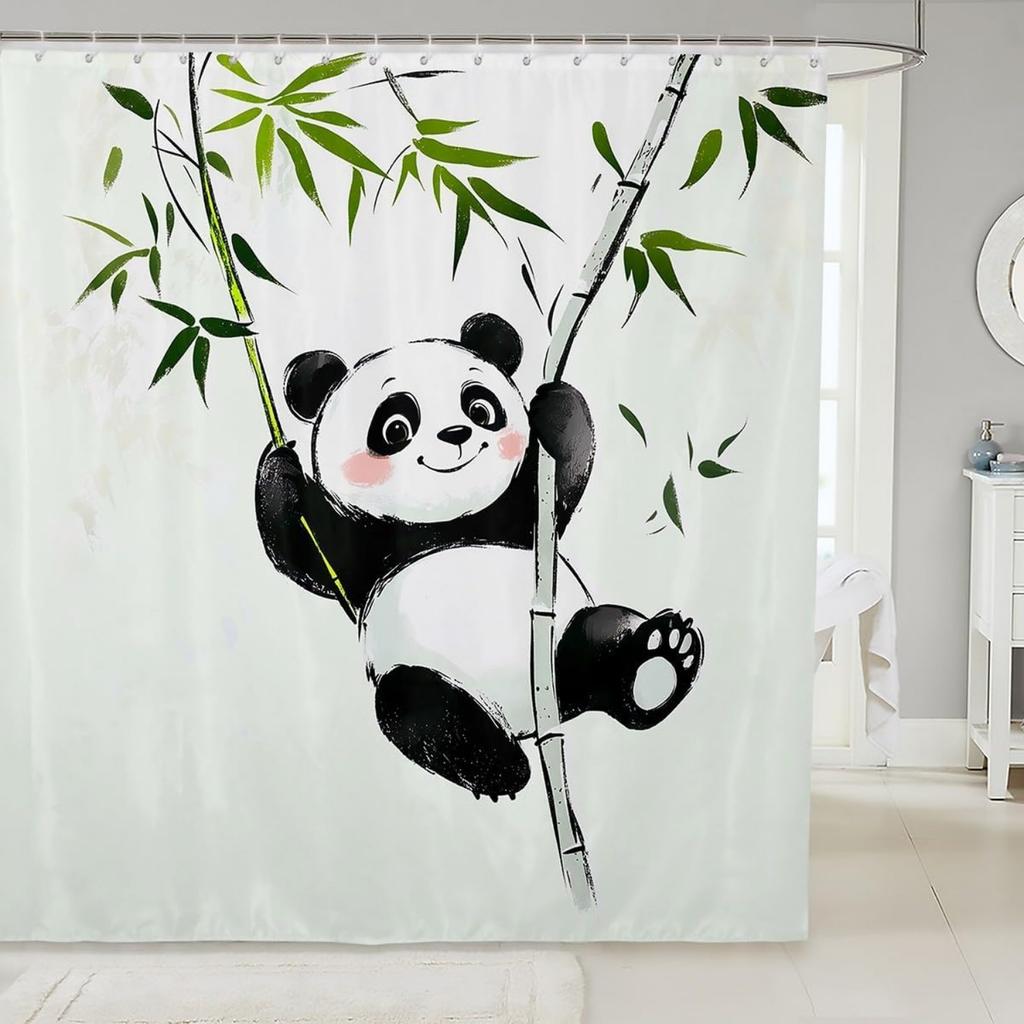 1pc Panda Shower Curtain Cute Cartoon Panda Bathroom Curtain Kawaii Animal Bath Curtain, Watercolor Panda Art Painting Curtain