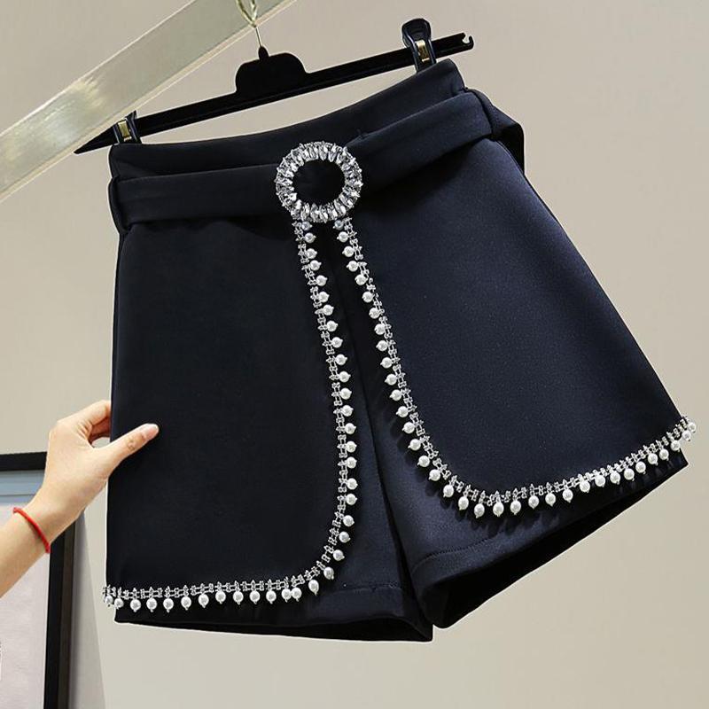 Pantalones cortos de traje con incrustaciones de diamantes con cuentas Pantalones anchos de cintura alta elegantes para mujer