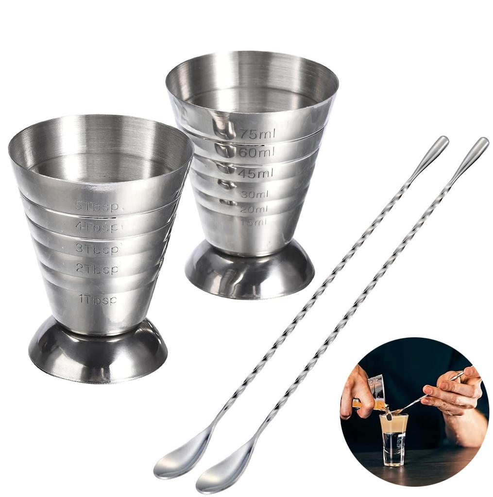 Paslanmaz Çelik Ölçüm Kabı ve Karıştırma Kaşığı Kokteyl Ölçer Ölçer 2,5 oz /5 yemek kaşığı /75 ml Likör Shot Seti Bar Aksesuarları