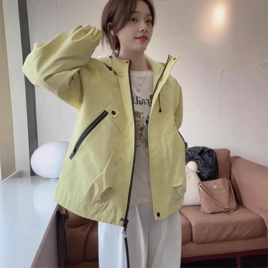 Geacă de vânt cu glugă pentru femei, croială largă - Stil coreean versatil, design scurt cu șnur pentru primăvară și toamnă
