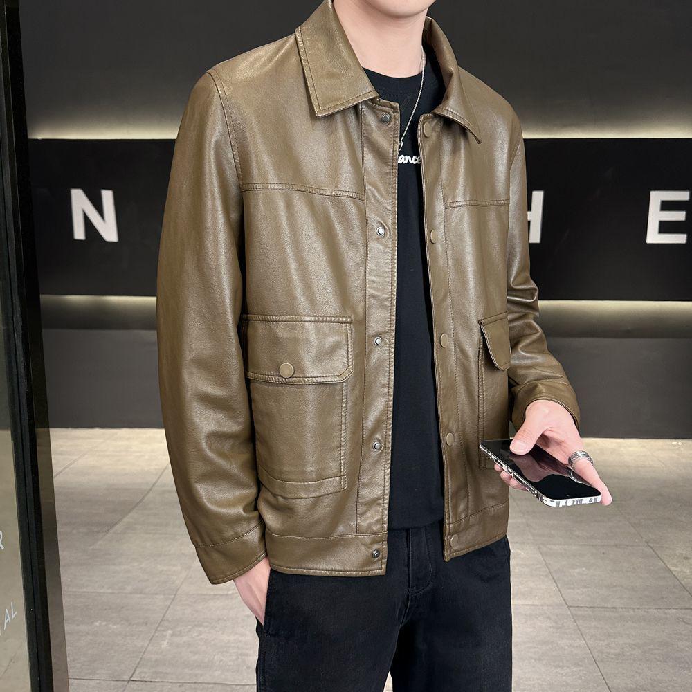 Men's Casual Tricolor Slim Fit Leather Motorcycle Jacket with New Lapel Trend (2025)