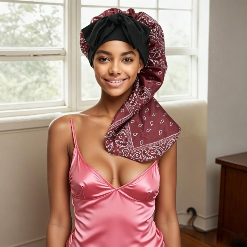 Leopard Print Silk Hair Bonnet Bowknot Design Hair Protector Bonnet Anti-UV Head Scarf  For Women