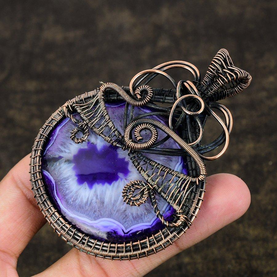 Natural Purple Solar Quartz Gemstone Copper Wire Wrap Gift Pendant 3.31" E9P97