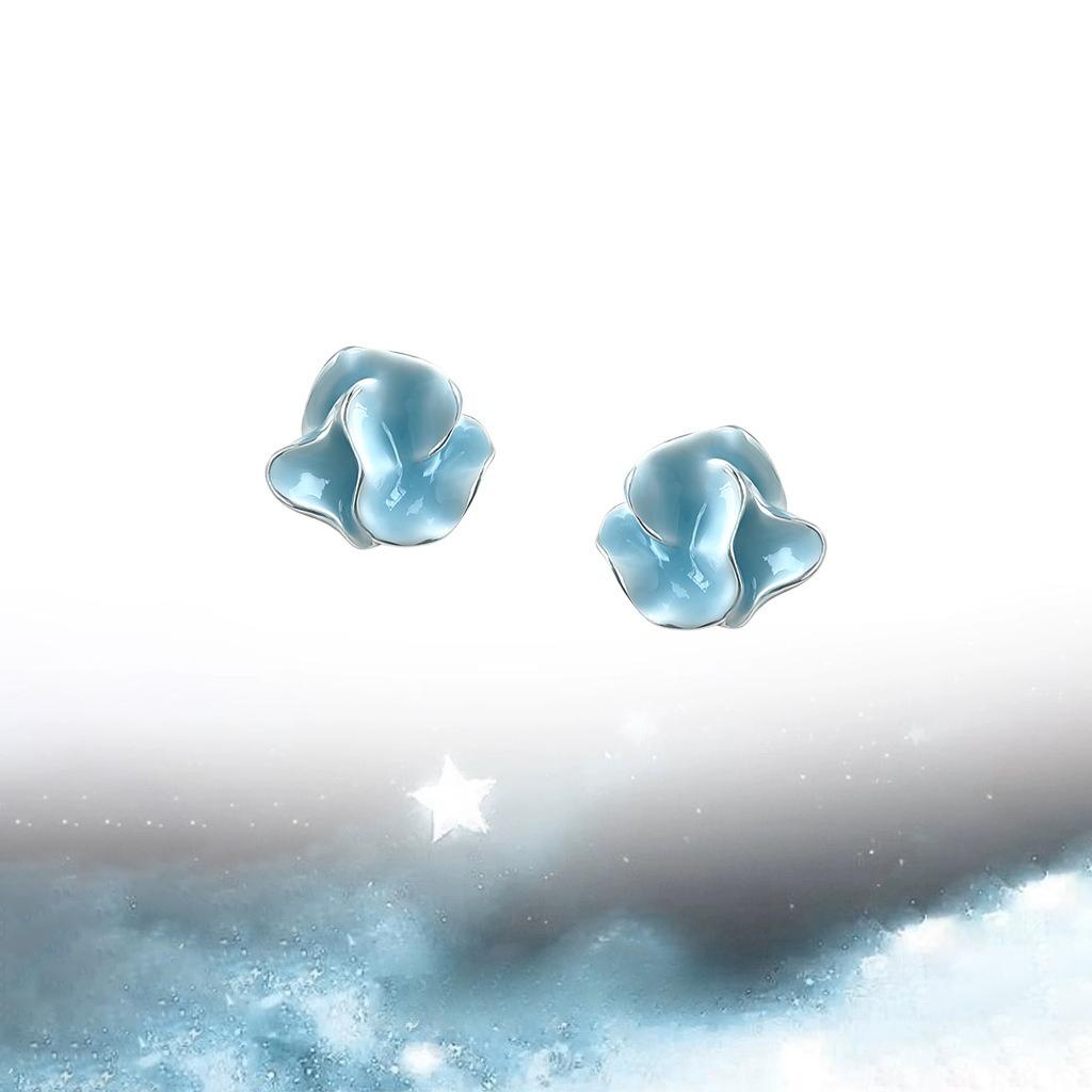 Light Blue Enamel Camellia Stud Earrings Irregular Petal Design Drip Glaze Flower Earrings Fashion Elegant Jewelry Gift For Women Girls