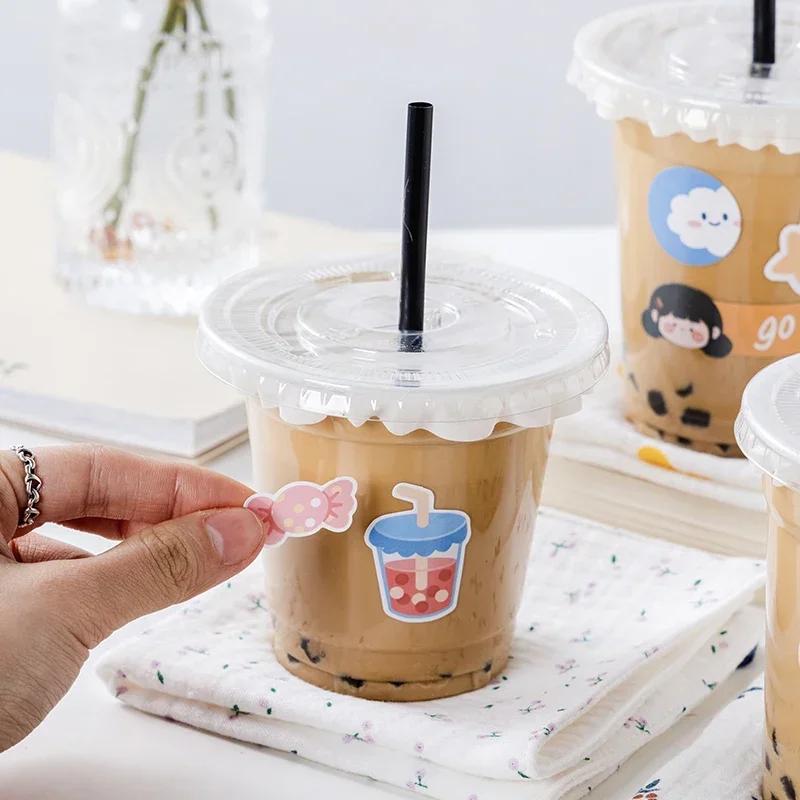 50 Sets of Coffee Milk Tea Leak Proof Cups Disposable Thickened Household Plastic Beverage PET Cold Drink Packaging Cup with Lid