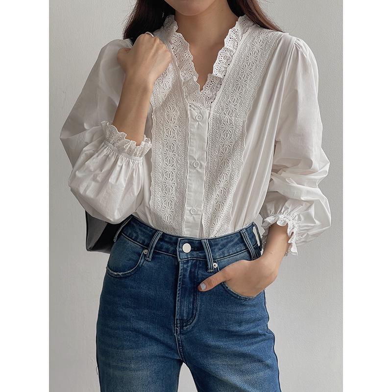 Ge Ming French Retro V-neck Lace Long Sleeve White Shirt for Women - Spring Collection Y1626F