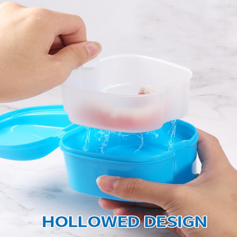 Denture Case, Denture Bath Box False Teeth Storage Box with Basket Net Container