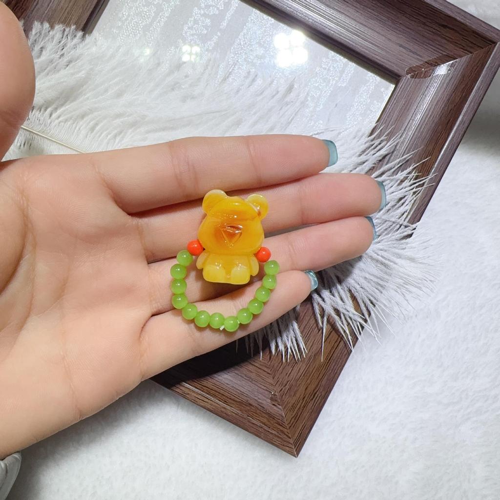 Second Gen Turquoise Amber Ring: Nine-Tailed Fox & Little Bear Wealth-Attracting Trendy Fashion Jewelry