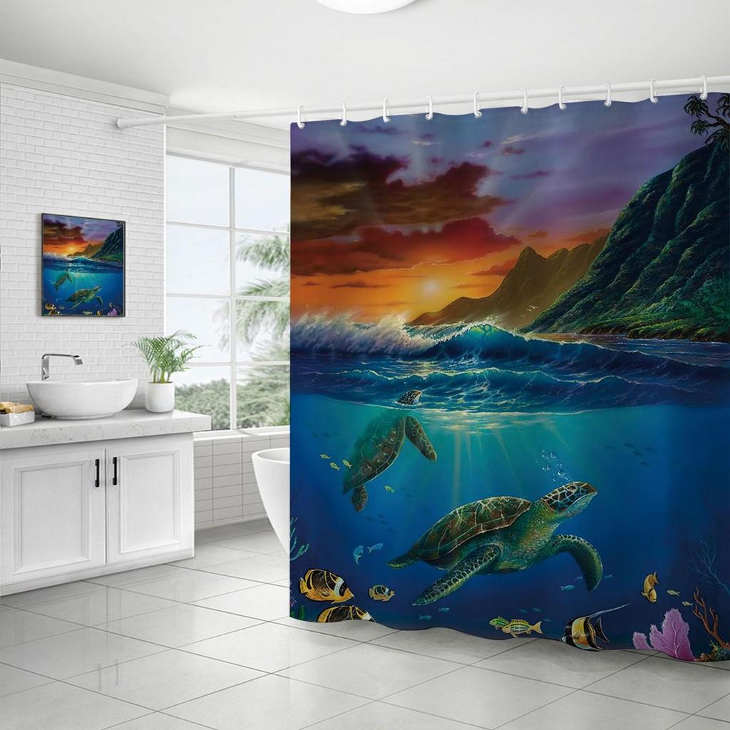 Coastal Marine Shower Curtain: Dolphin, Starfish, Seahorse, Seashell, Sea Turtle - Moisture-Proof, Mildew-Resistant, Waterproof, Beach Bathroom Décor