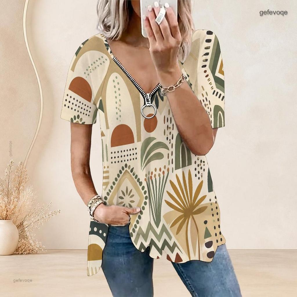 Women Plus Size Ethnic Printed V Neck Ring Zip Short Sleeve Loose Curved Hem Shirt