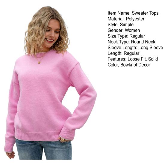 Women Sweater Tops Round Neck Long Sleeve Ribbed Hem Cuff Knitting Tops with Back Bow Decor Solid Color Knitwear