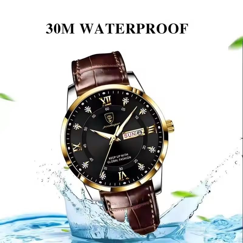 POEDAGAR Casual High Quality Men Watch Waterproof Luminous Leather Original Wristwatch Quartz Business Watches for Men Reloj