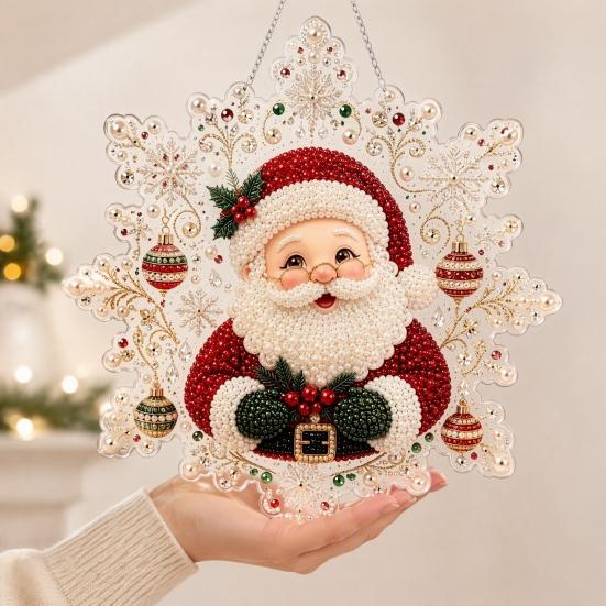 Handmade Christmas Tree Decor Faux Pearl Painting Suncatcher Kit, Acrylic Snowflake Shaped Board with Lace Relaxing Holiday Activity Edge, 3D Gemstone