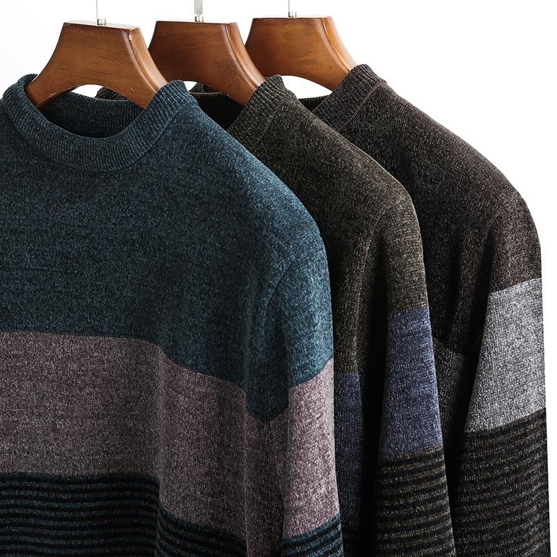 Men's Striped Knit Sweater, Casual Round Neck Pullover, Polyester, Long Sleeve for Daily and Leisure, Autumn/Winter Season, Youth and Adult Unisex Top