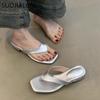 Fashion SUOJIALUN 2025 Summer New Brand Women Slipper Fashion Square Low Heel Ladies Casual Sandal Shoes Outdoor Dress Slip On Flip Flop