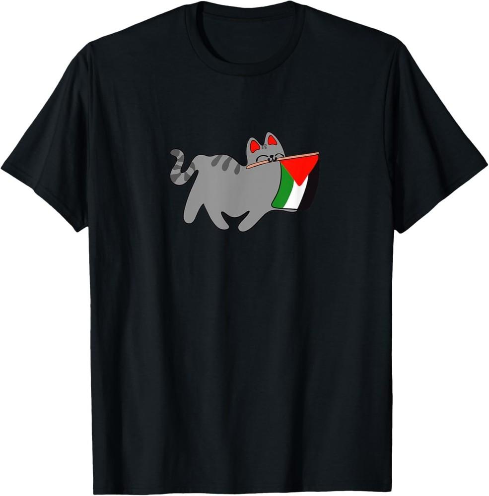 Cute Gray Tabby Cat Holding Palestinian Flag Free Palestine Unisex T-Shirt M