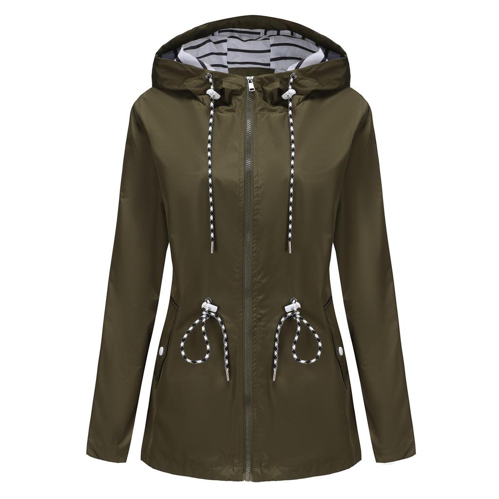 Women's Long Sleeve Hooded Jacket Drawstring Loose Fit Casual Windbreaker Raincoat Outerwear