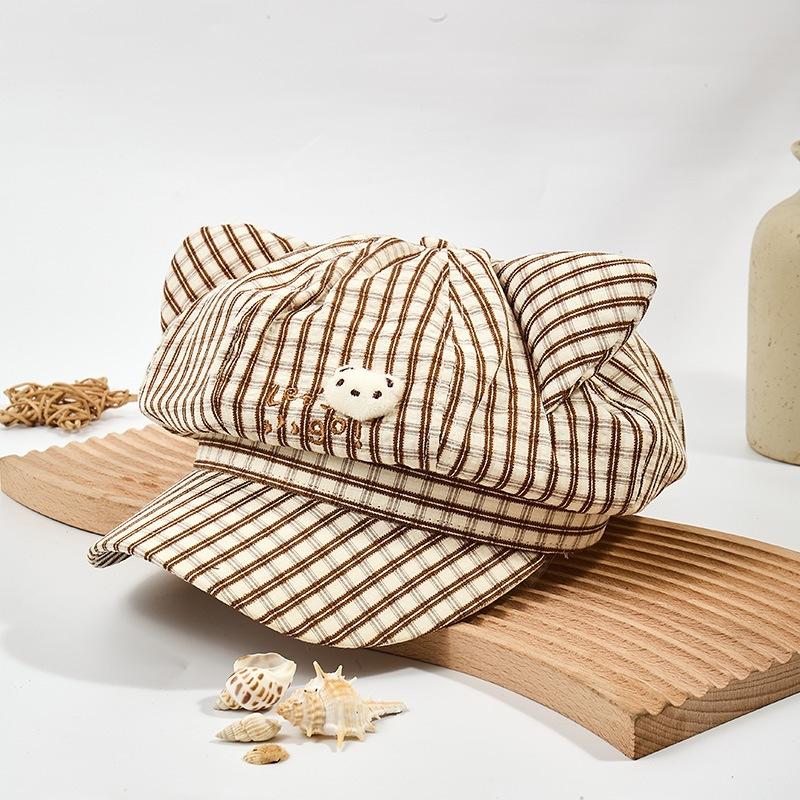 Plaid Octagonal Hat Niche Spring and Summer Cute Face Beret Cartoon Design Versatile Sweet Fresh Kitten Ears