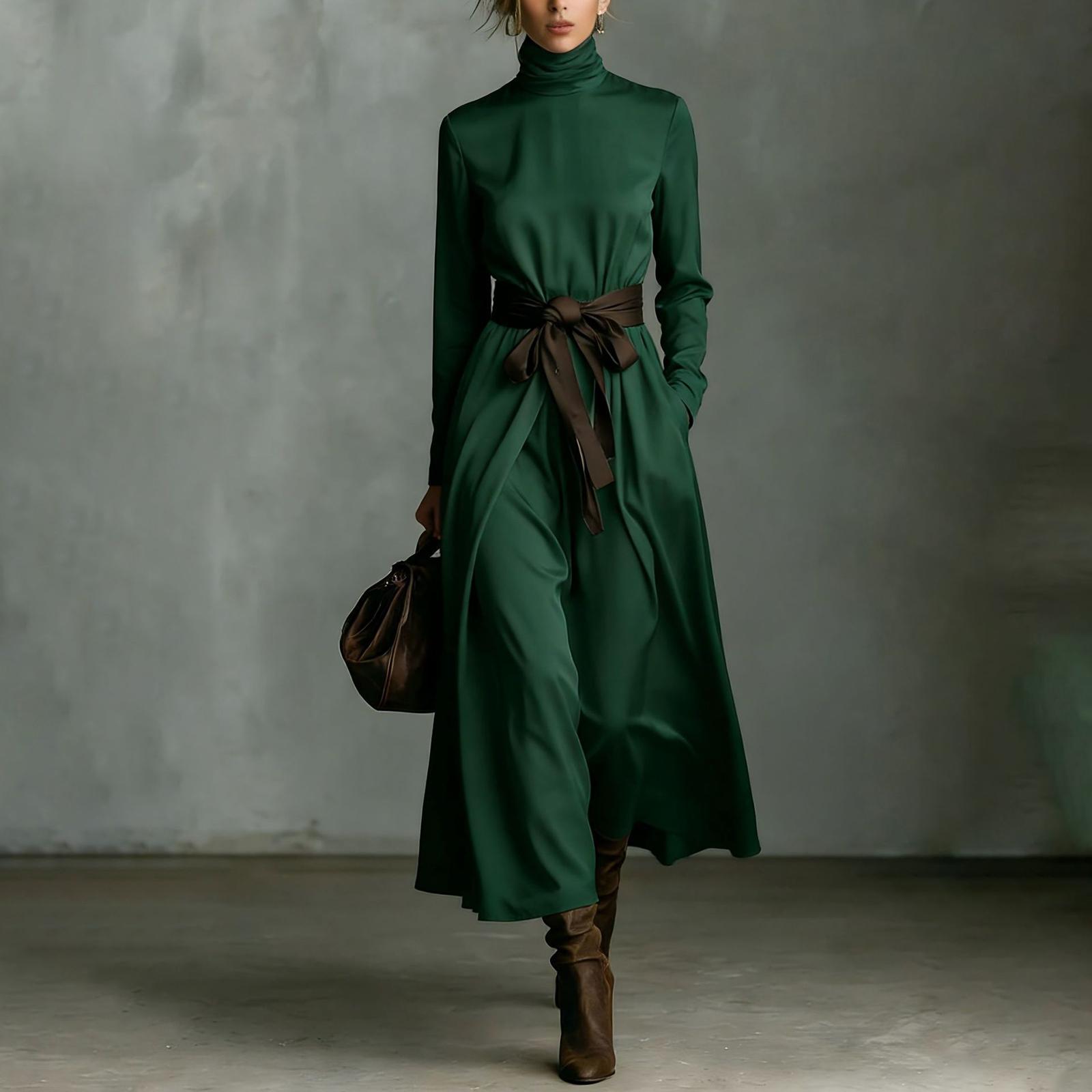 

Ladies Fashionable High Neck Long Sleeved Contrasting Waistband Mid Length Dress L