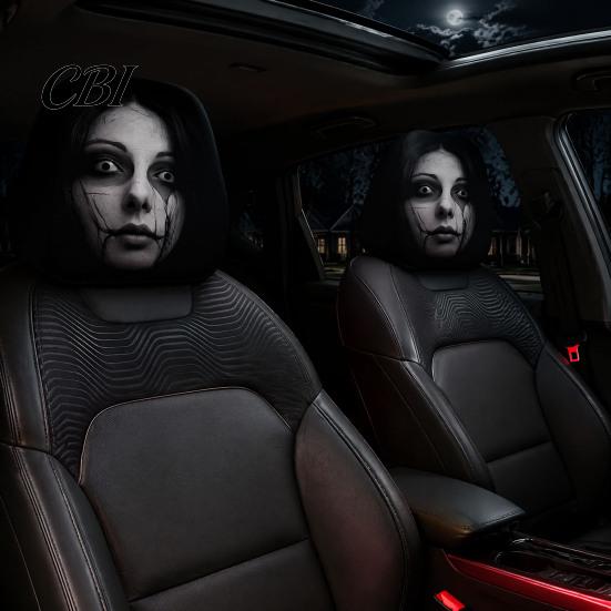 Universal Fit Auto Accessories 2PCS Car Headrest Cover with Scary Face Printing, Breathable Stretch Knitted Knit Fabric Dust Cover, Halloween