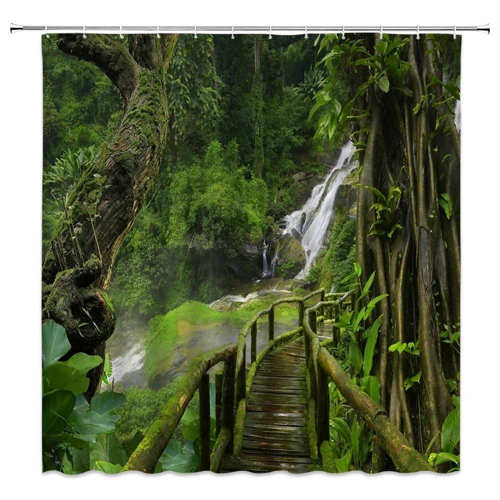 unframed Tropical Forest Shower Curtain, Nature Scenery Green Tundra Forest Waterfall River Animal Bridge, Bathroom Decorative