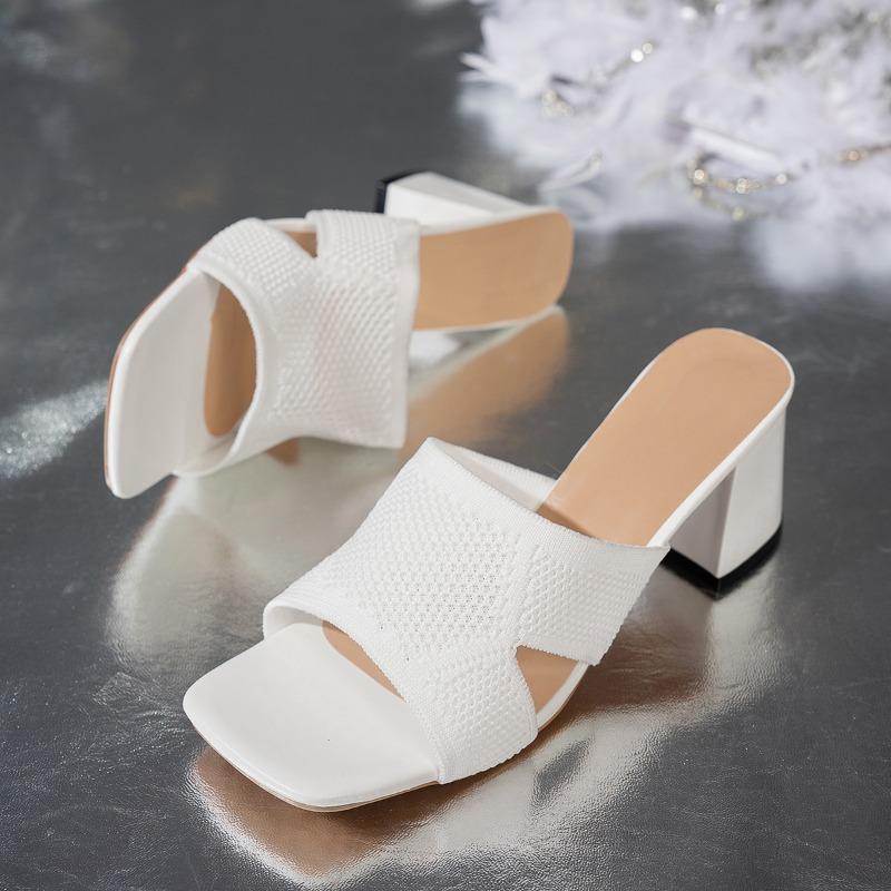 Large Size Slippers Women's Outer Wear Summer New Knitted Thick Heel One-word Drag Fashion High Heel Cool Slippers Women