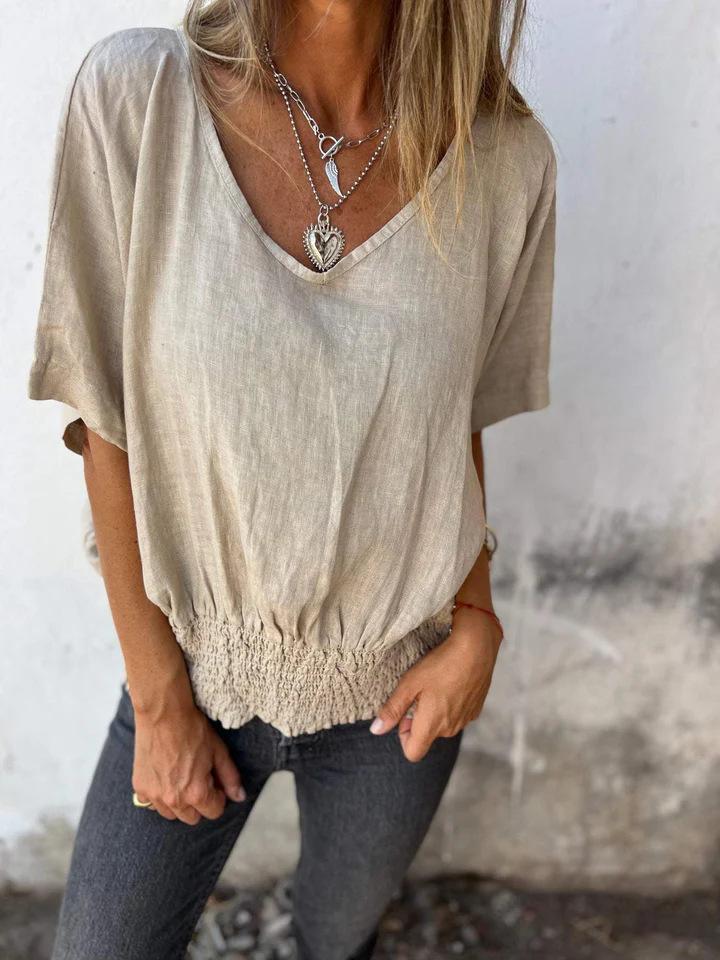 

European and American summer new loose T-shirt women s V-neck casual cotton and linen top women 3XL абрикосовий