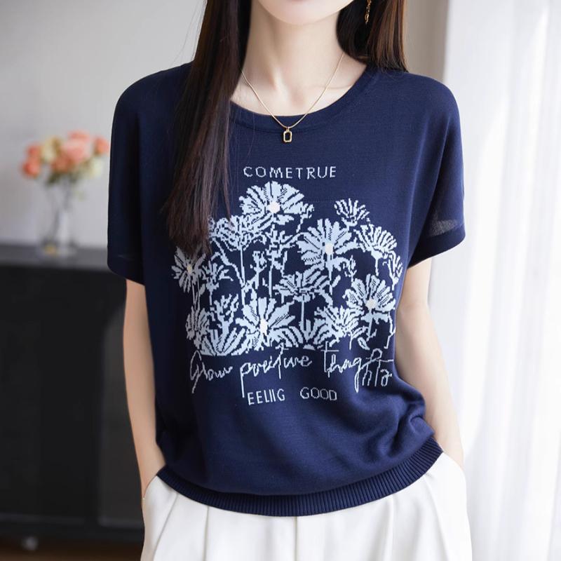 Knitted  Top Spring Summer Jacquard Women's T-shirt Short Sleeve Loose Tees Round Neck  Tops Cool