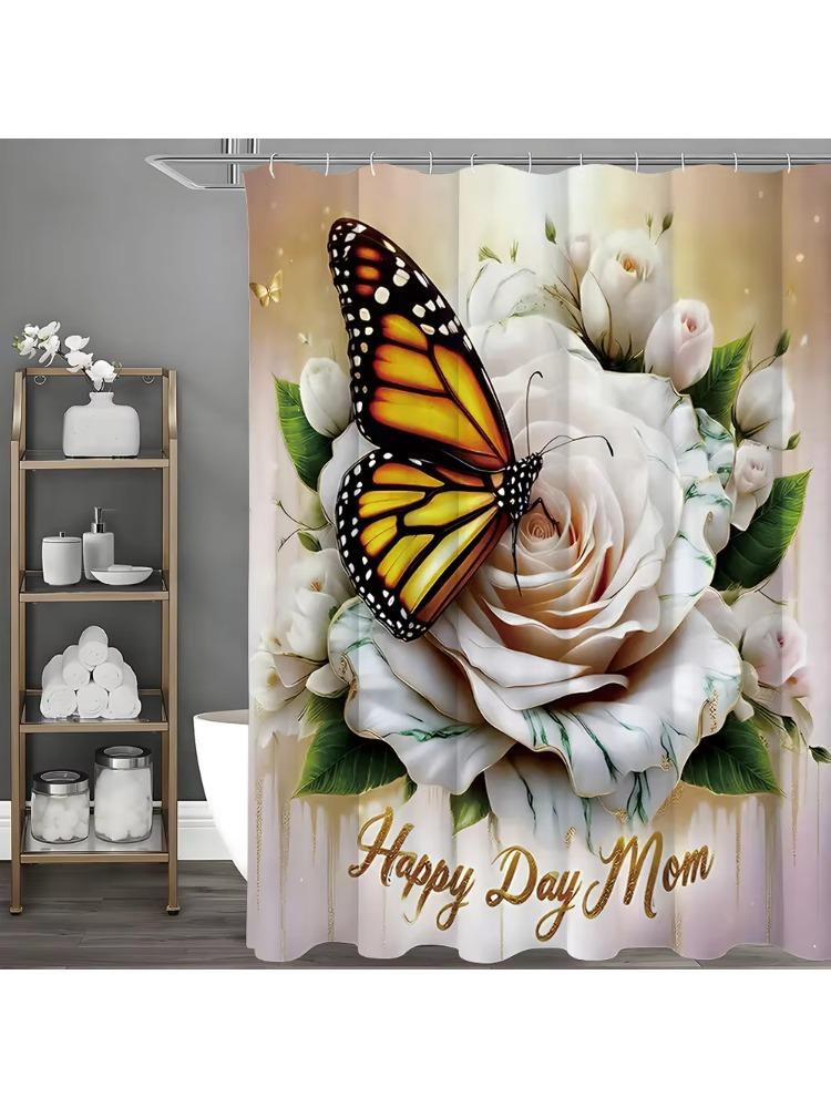 

Happy Mother S Day Rosebud Butterfly Shower Curtain, Bathroom Decorative Shower Curtain, Waterproof Shower Curtain With Hooks W60H190(CM)-1 Pcs