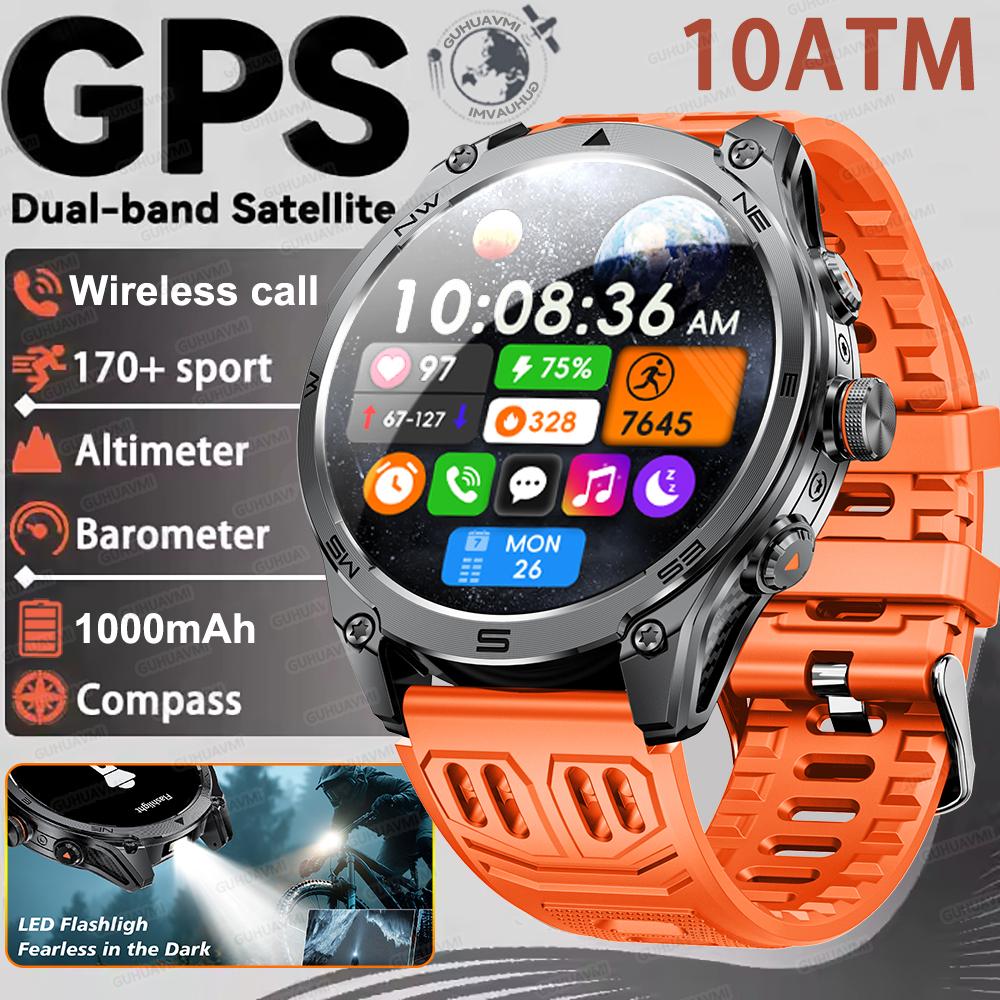 

New GPS MULTI-BAND GNSS Smart Watch 10ATM Waterproof AMOLED Screen Compass Altimeter Flashlight Sports Military Smartwatch Men 1000mAh Big battery помаранчевий