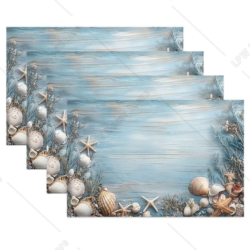 

4pcs Light Blue Wooden Seashells Placemats 12x18 Inch Rectangular Polyester Table Mats for Farmhouse Dining Rustic Kitchen Dec 4 PCS 12x18inch
