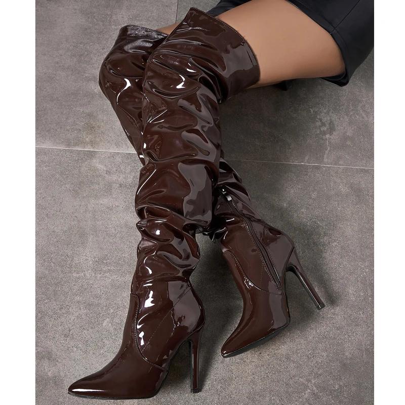 Eilyken Fashion Sexy Pleated Zipper Women's Over The Knee Boots Pointed Toe Stiletto Heels Shoes Thigh High Long Booties