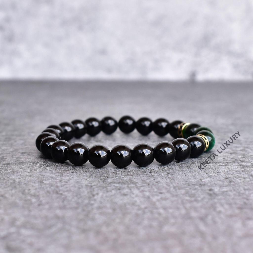 Natural green tiger's eye and onyx beaded bracelet Handmade healing gemstone bracelets for men two stone bracelet Unique gifts for him