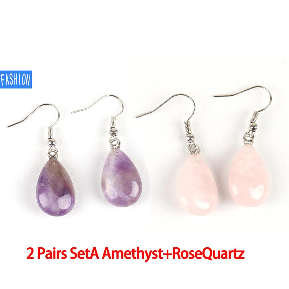 

Ювелирные изделия из полированного натурального кристалла, простые плоские серьги в виде капель воды, женские европейские и американские украшения ручной работы Amethyst+Rose Quarts
