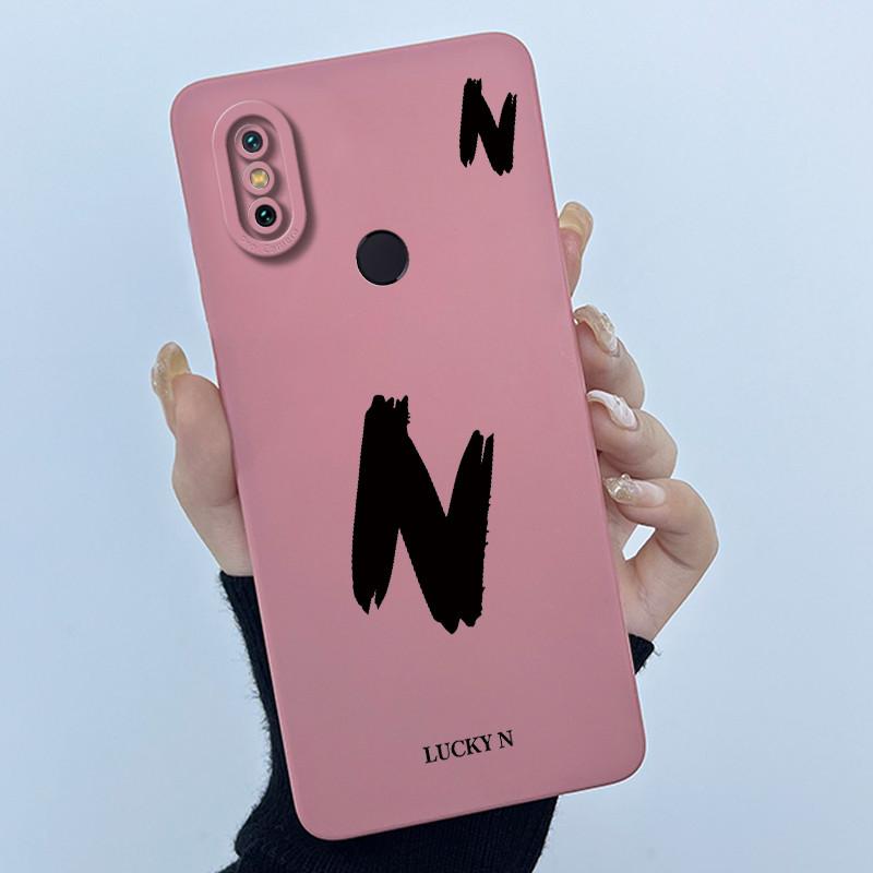 Lucky Initial Letter Phone Case For Xiaomi Mi A2 (Mi 6X) Casing Full Protect Camera Lens Shockproof TPU Soft Matte Cover Bumper