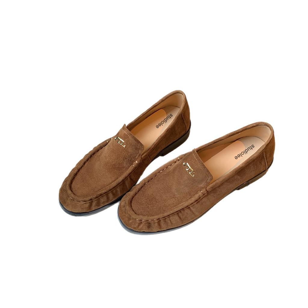 Cowhide version~ round head metal pleated leather loafers women's autumn and winter one-pedal lazy commuting versatile small leather shoes