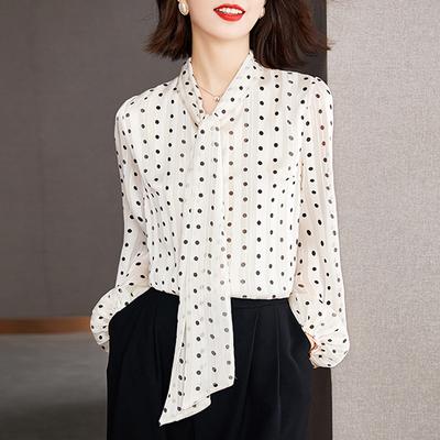 Καλοκαίρι Νέα Γυναικεία Ρούχα Φαρδιά Κορδέλα Πουά Λεπτή Ιδιοσυγκρασία Κομψή Στενή Μακρυμάνικη Μπλούζα Γυναικεία