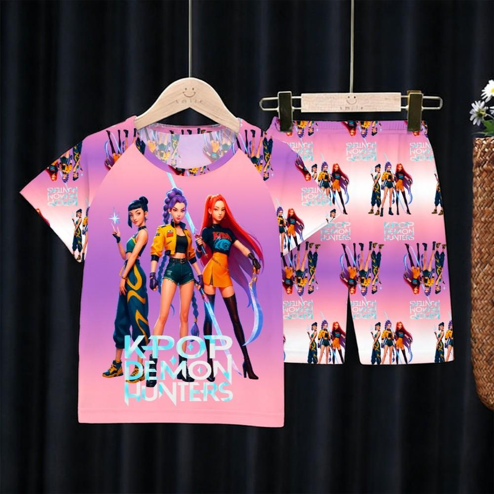 Kids Girls Boys 2PCS Pajamas Set K-pop Style Anime Short Sleeve T-shirt + Shorts Summer Comfortable Children Homewear Nightwear