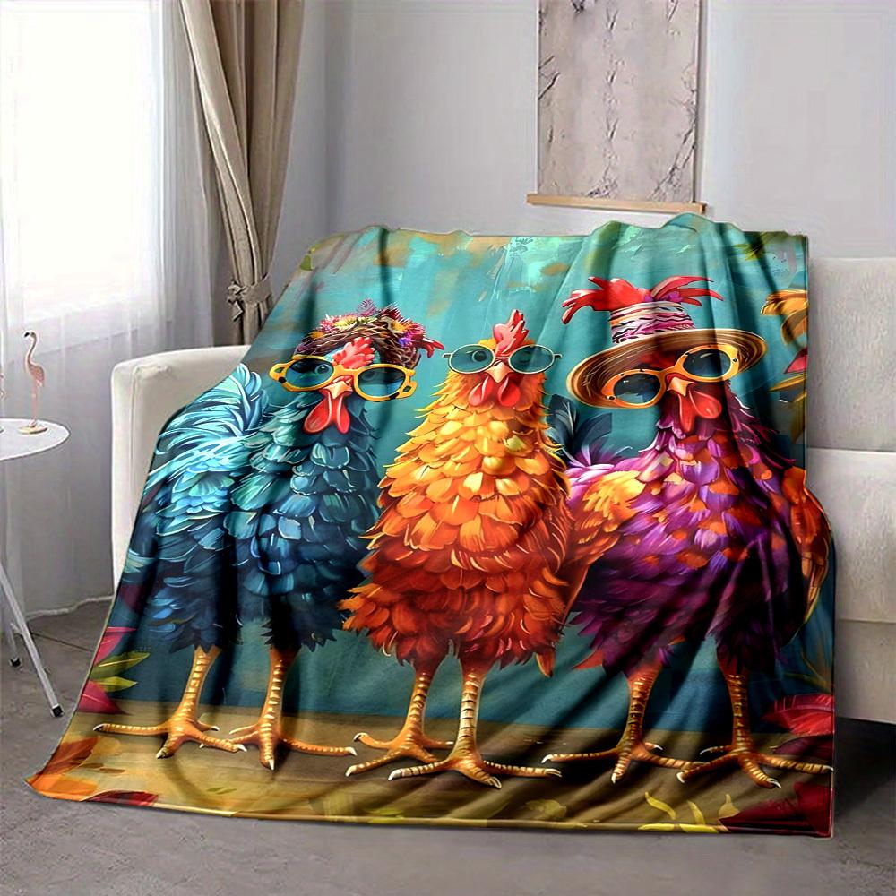 1pc Chickens Cartoon Pattern Print Blanket - Lightweight Flannel Throw Blanket For Sofa, Bed, Living Room, Office, Outdoor Travel, Camping, Soft